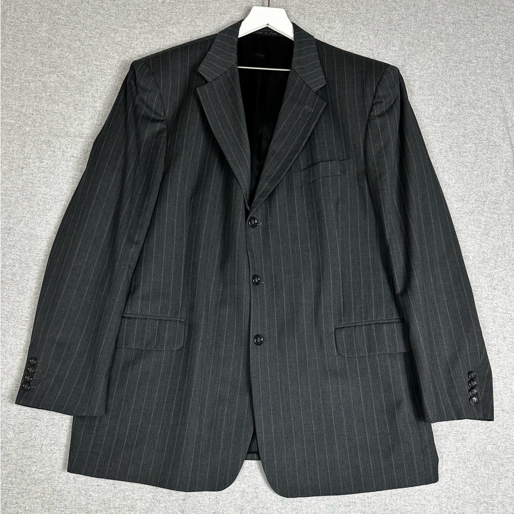 Carlton Suit Jacket Mens 46L Charcoal Gray‎ Pinstripe Wool Super 120s Two Button